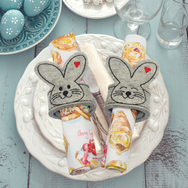 Stickdateien-Set Serviettenringe Hasen für Ostern als Tischdeko Osterdeko für den 10x10cm Stickrahmen